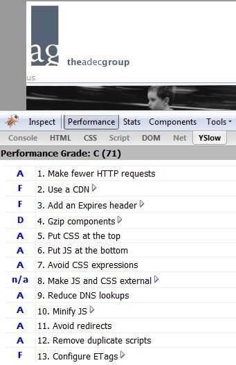 Before Screenshot of Adec YSlow Score