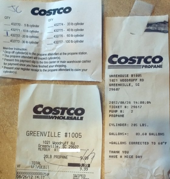 Costco 20 lb Propane Tank Receipts